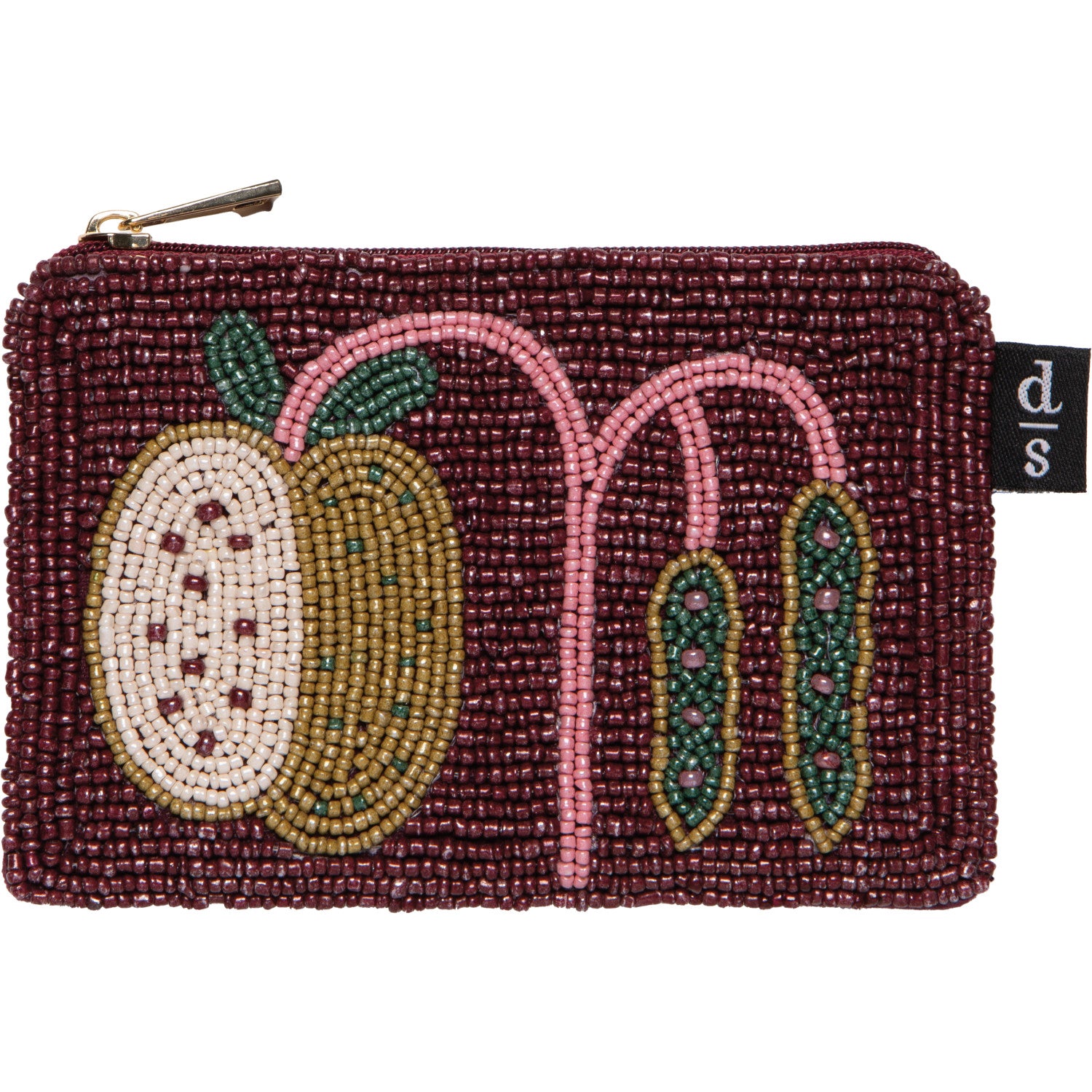 front view of maroon Beaded Pouch with fruit design