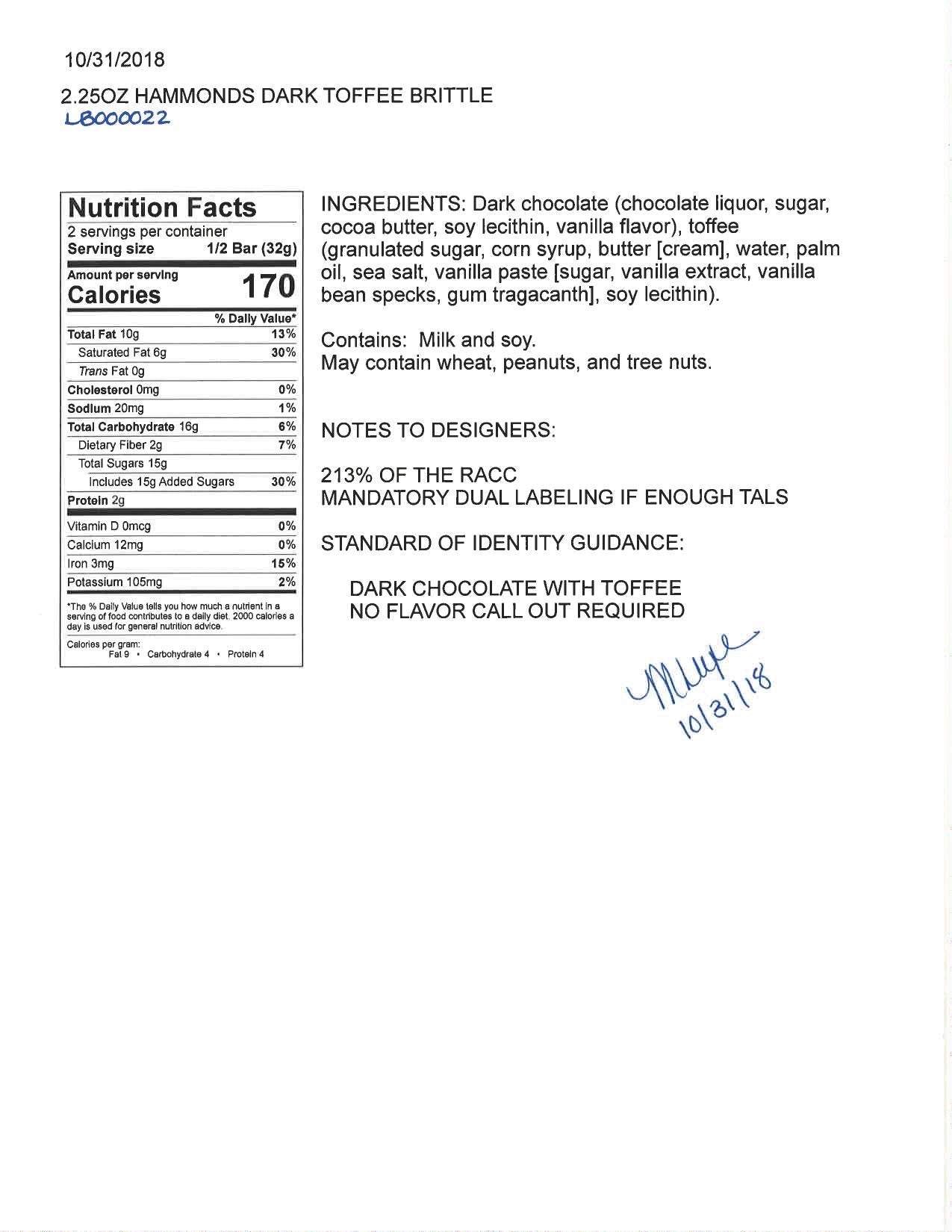 Ingredient list and nutritional information. Please call 501-327-2182 for more information.