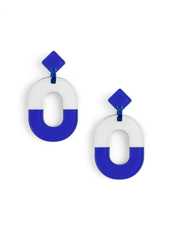 blue and white oval earrings shown on a white background