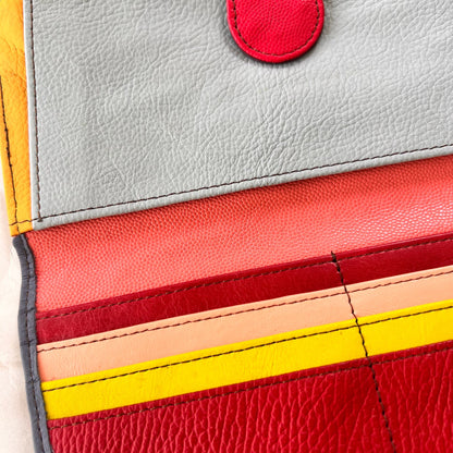 close-up of secret clutch colorful card slots.