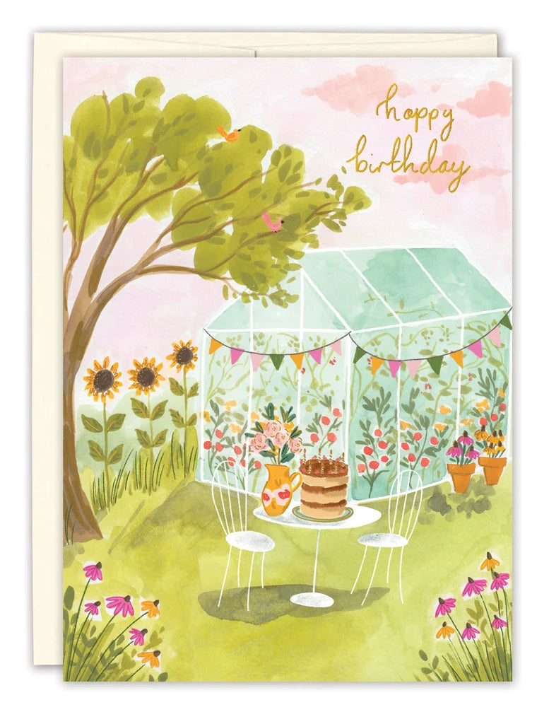 front of card featuring a greenhouse garden party