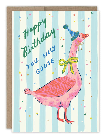 front of card featuring a pink goose wearing a bow and hat