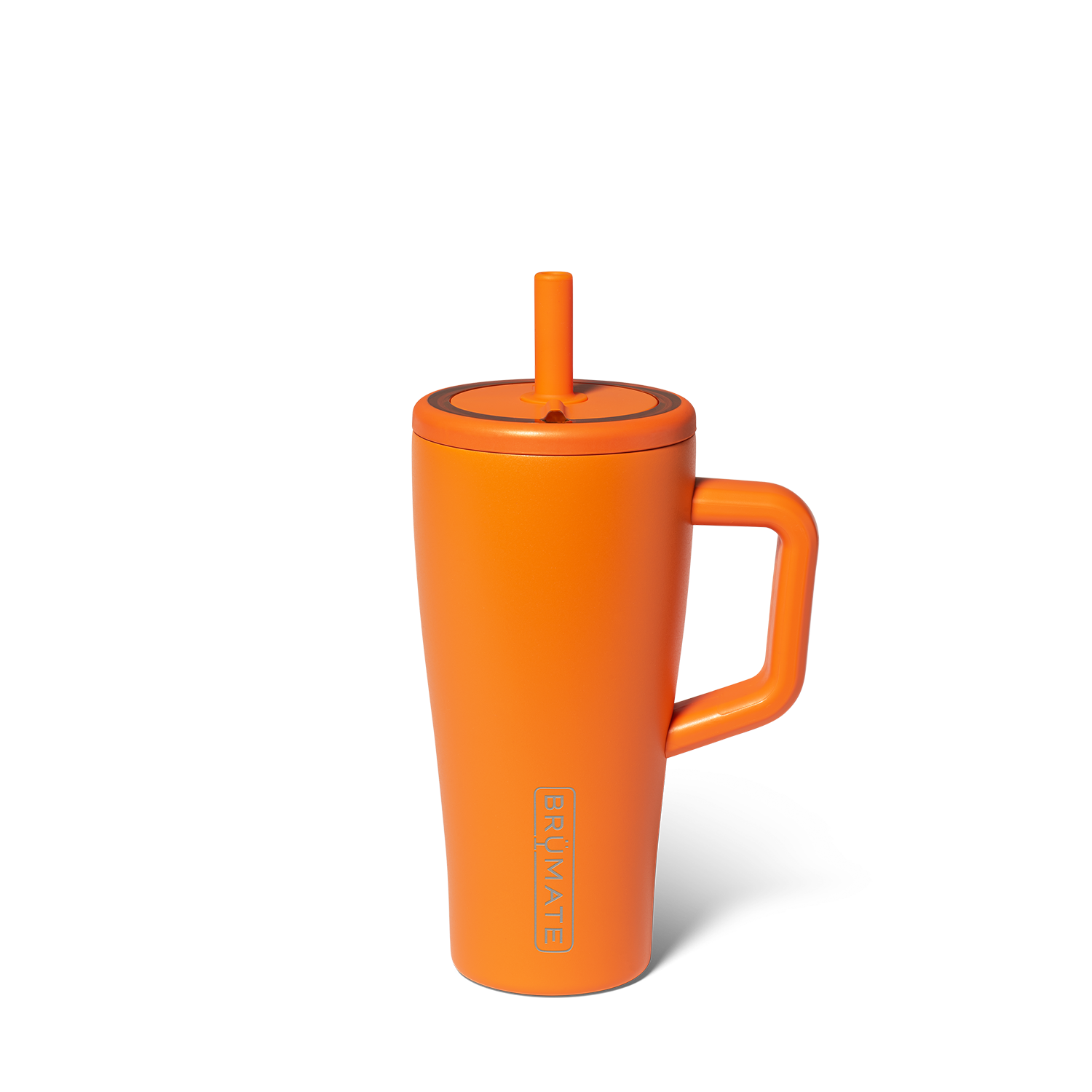Orange tumbler with handle and straw on a white background