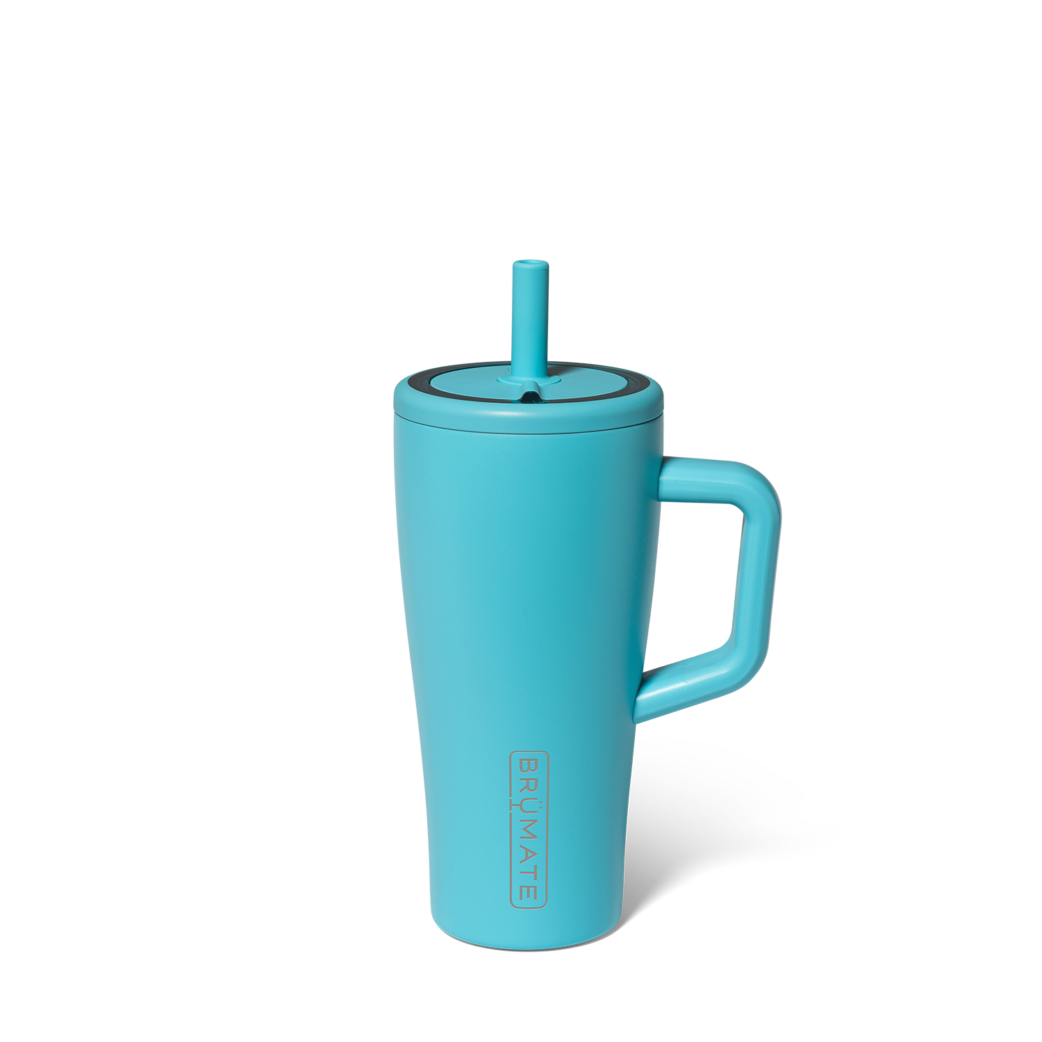 Turquoise tumbler with handle and straw on a white background