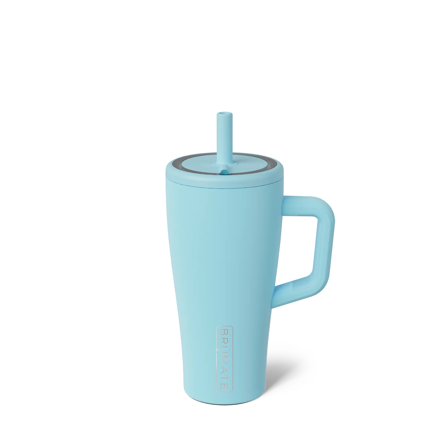 light bright blue tumbler with handle, lid, and straw shown on a white background