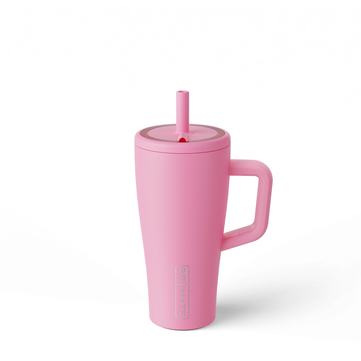 Pink 20 ounce insolated travel tumbler with a handle and straw on a white background