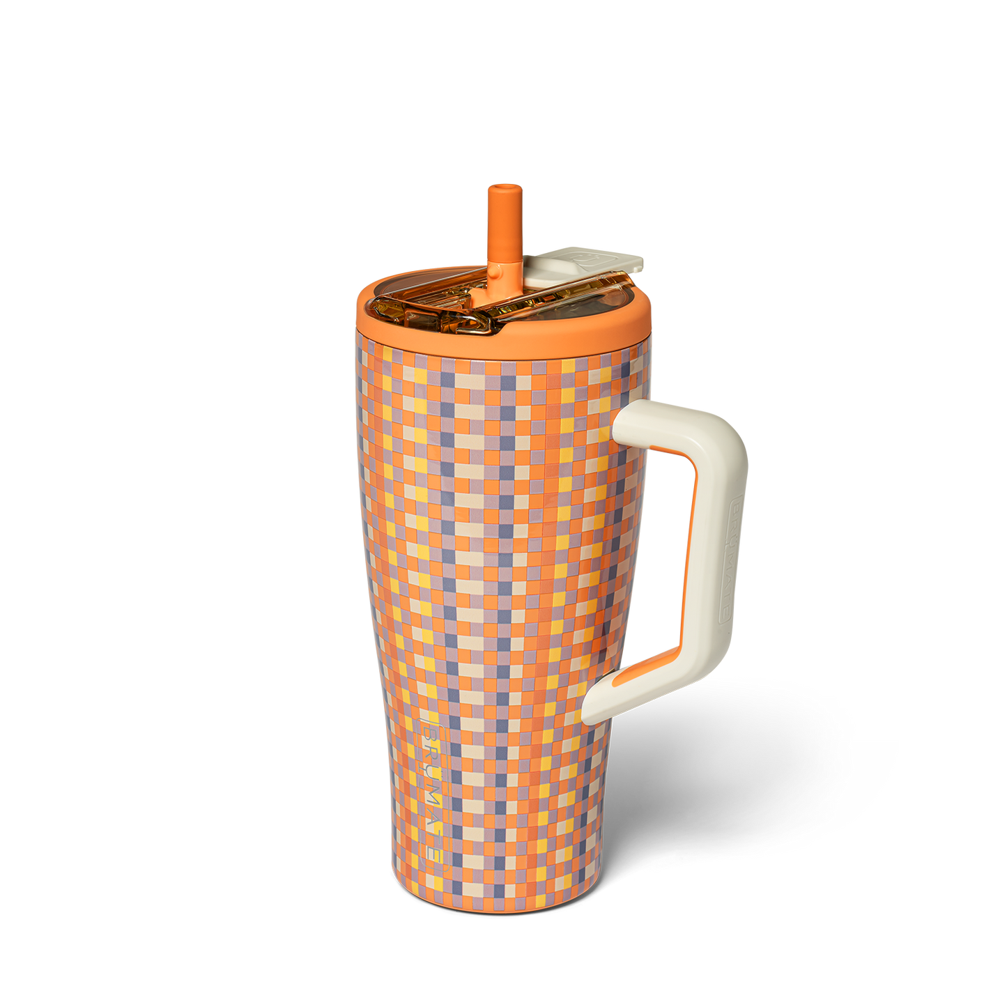 orange, purple, and yellow check patterned tumbler shown on a white background