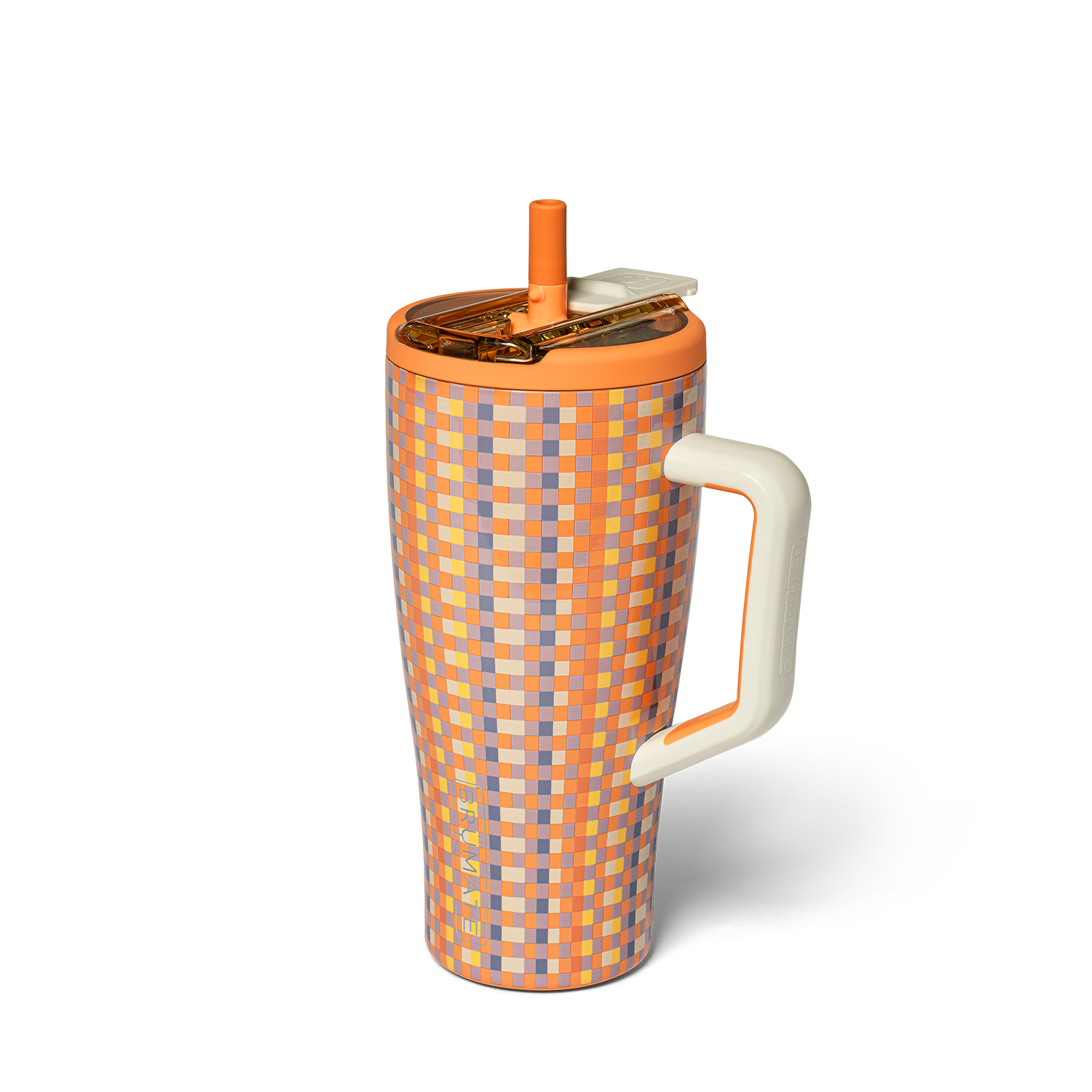 orange, purple, and yellow check patterned tumbler shown on a white background