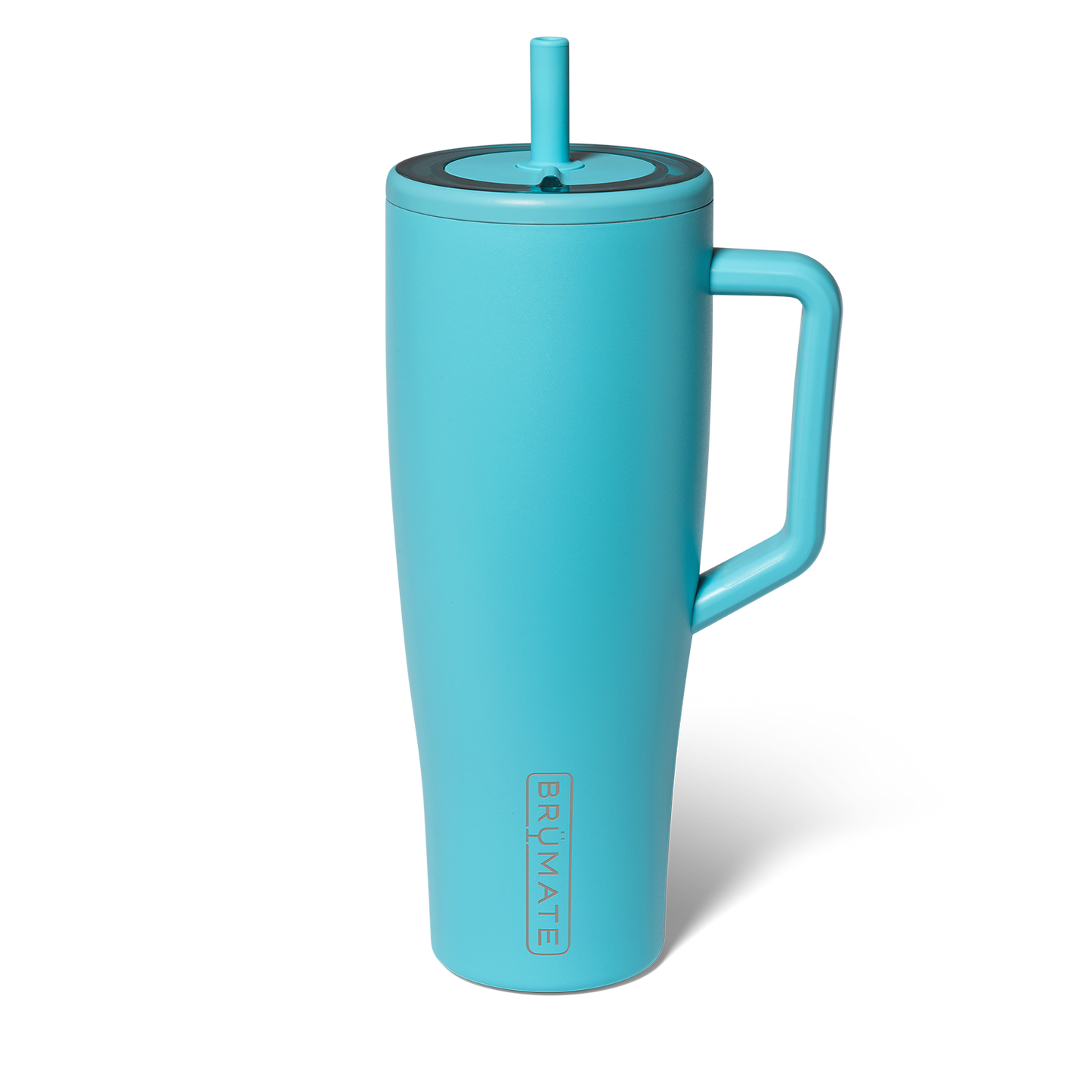 Turquoise insulated tumbler with handle and straw on a white background