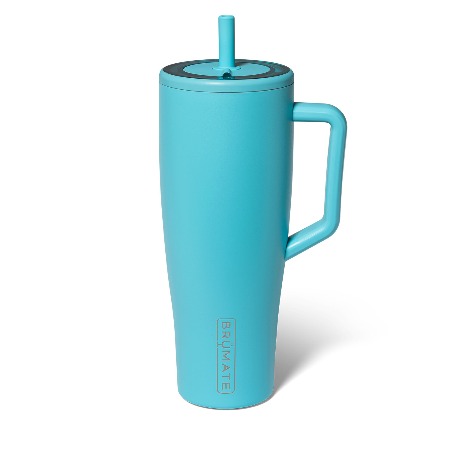 Turquoise insulated tumbler with handle and straw on a white background