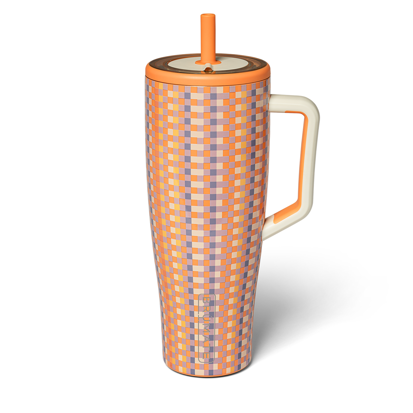 orange, purple, and yellow check patterned tumbler shown on a white background