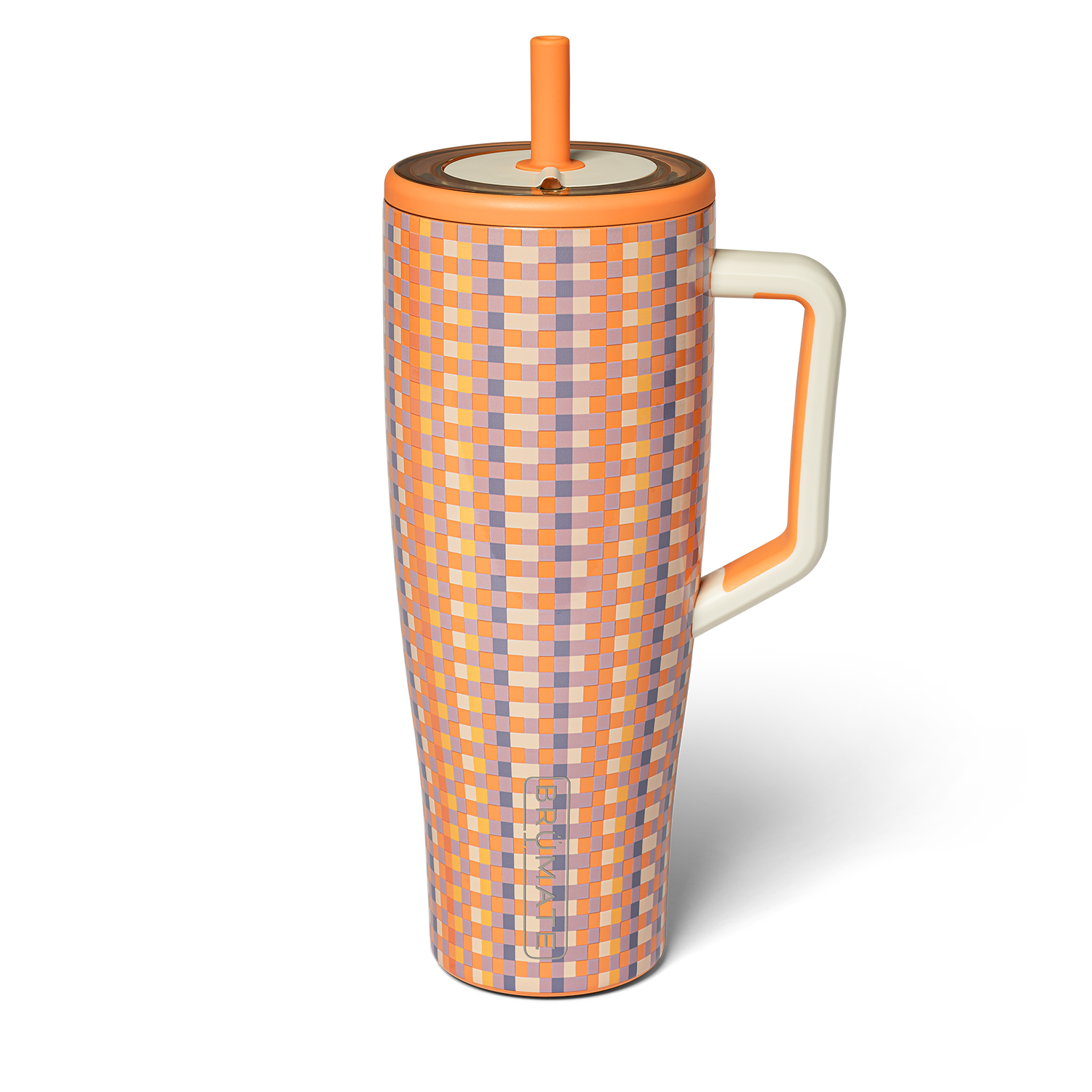 orange, purple, and yellow check patterned tumbler shown on a white background