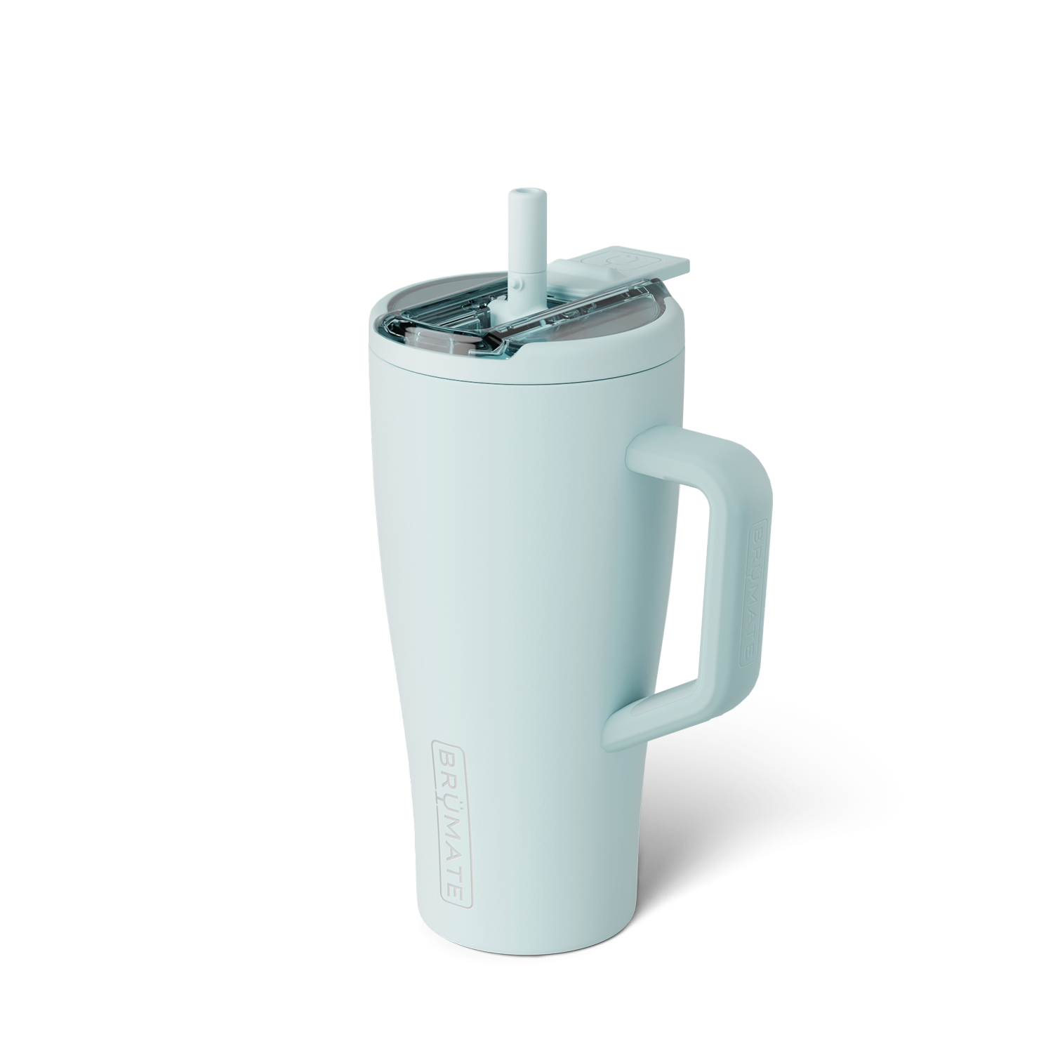 pale blue-green tumbler with flip straw lid shown on a white background
