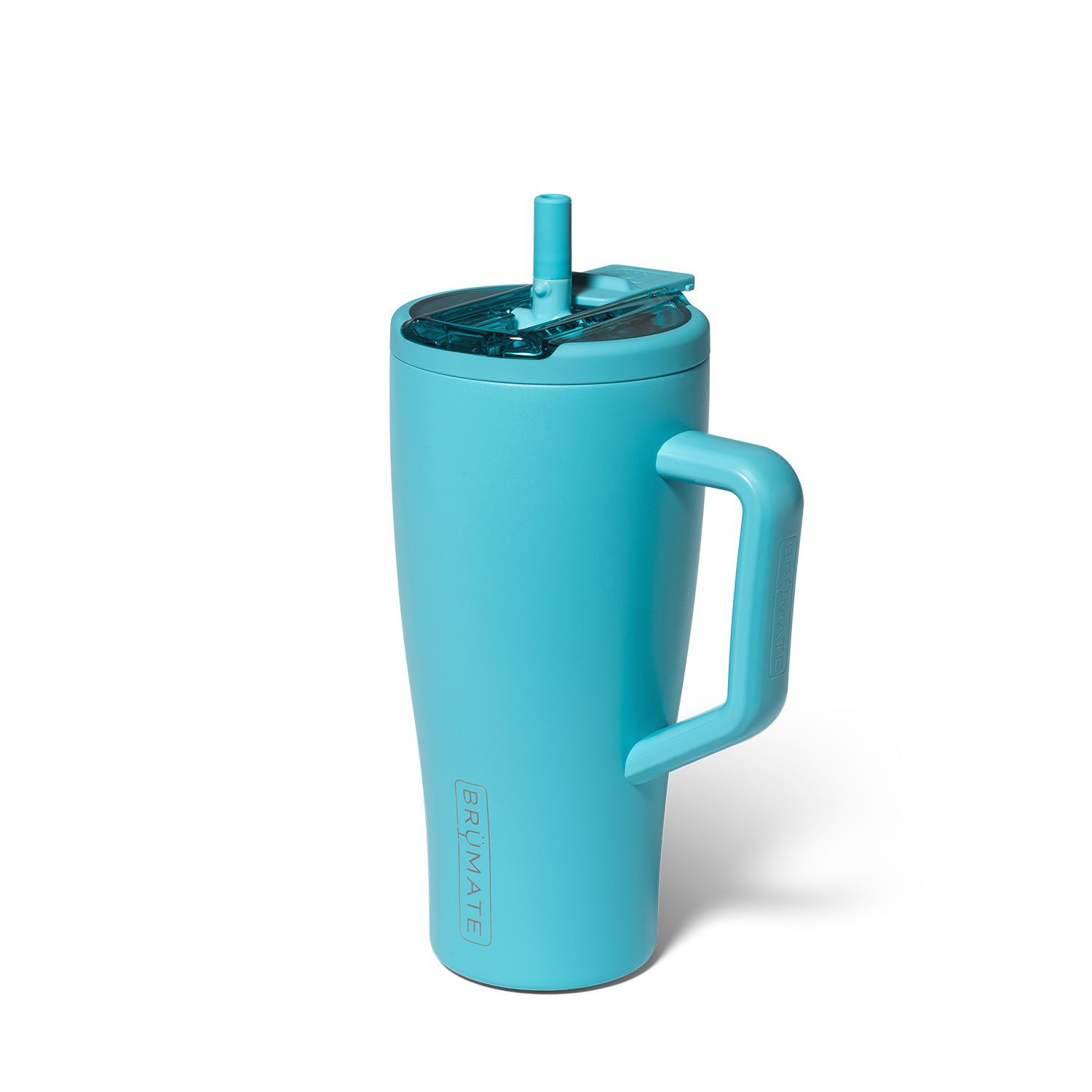 Turquoise insulated tumbler with handle and straw lid on a white background