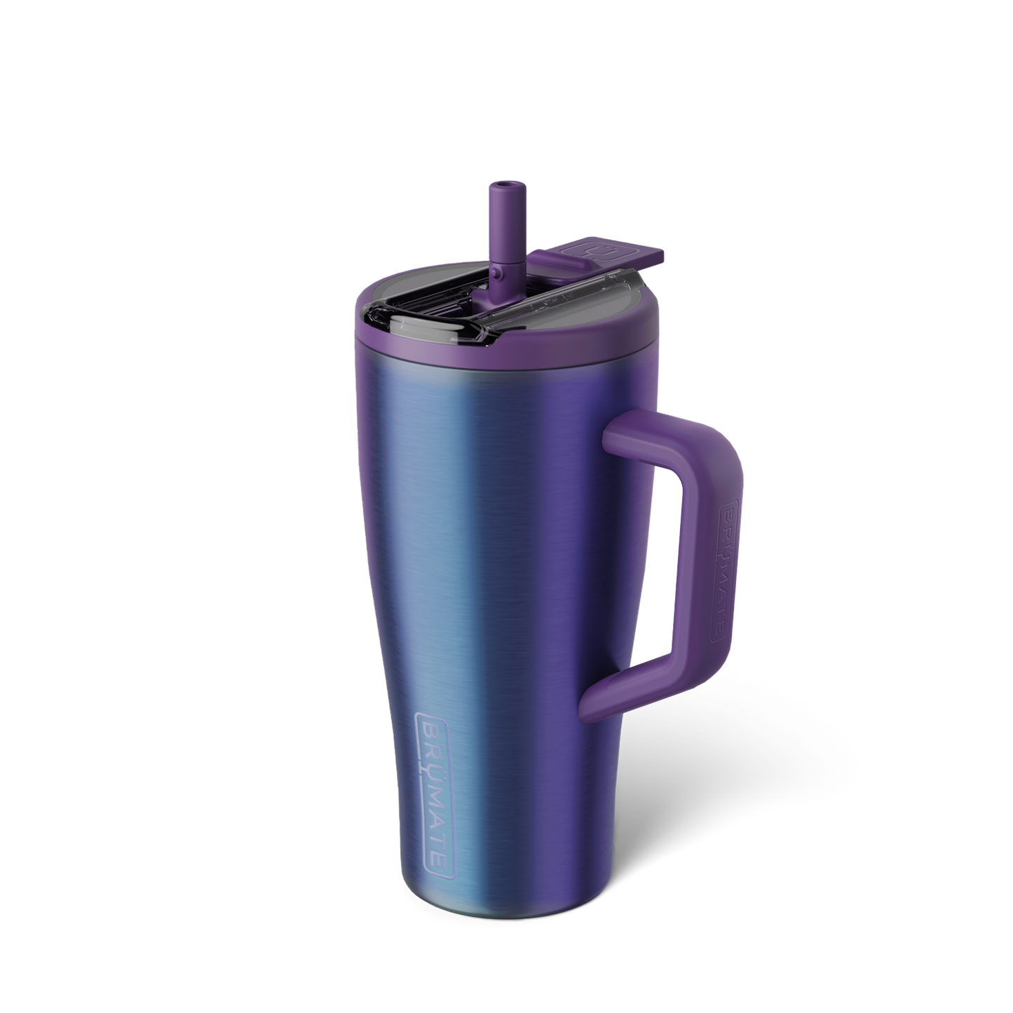 iridescent purple tumbler with flip straw lid shown on a white background
