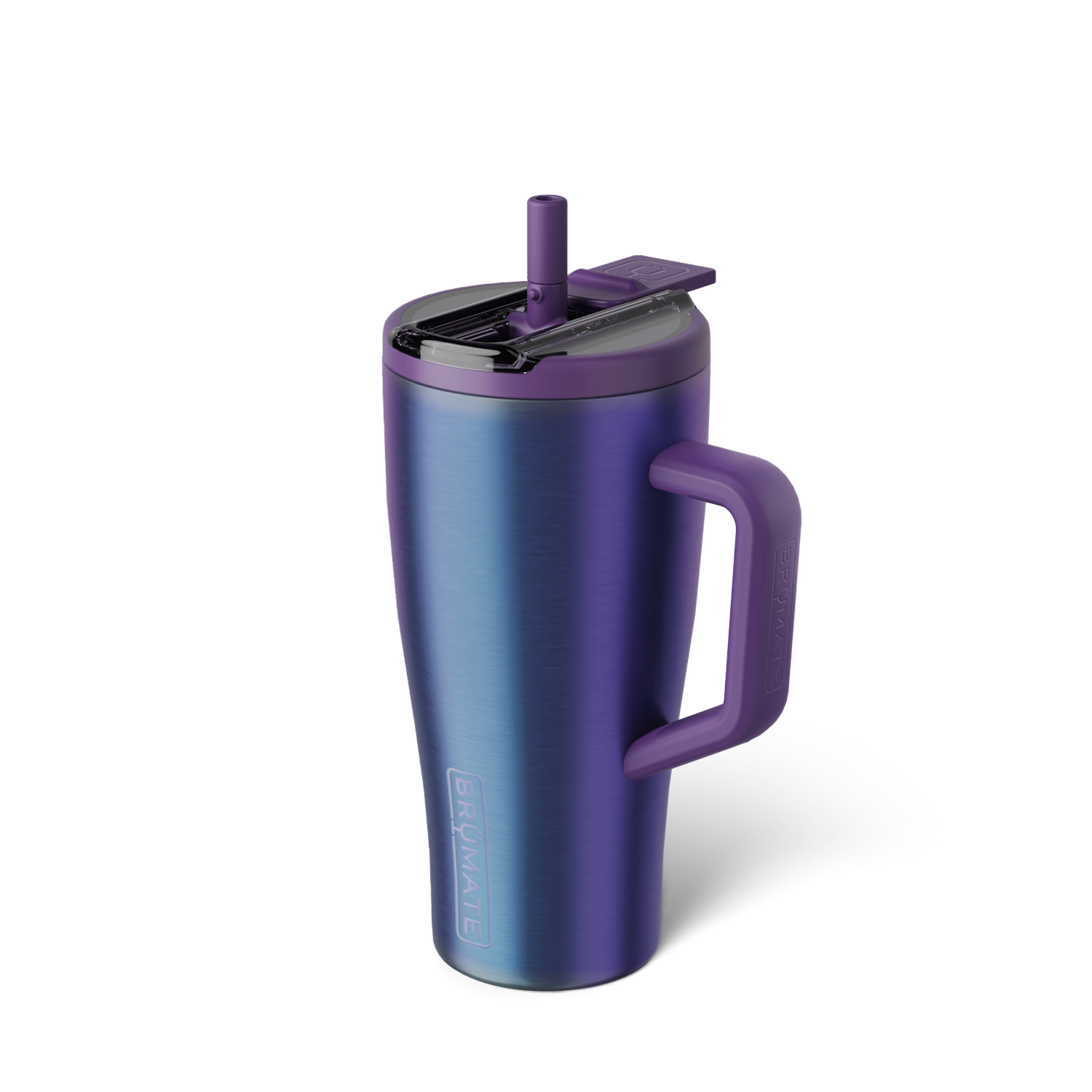 iridescent purple tumbler with flip straw lid shown on a white background
