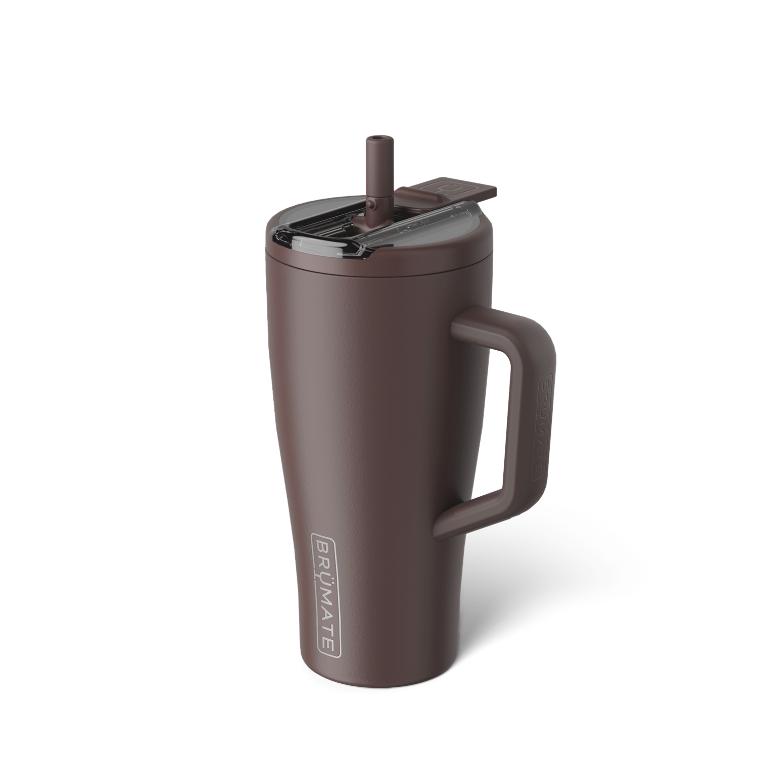 coffee brown tumbler with flip straw lid shown on a white background
