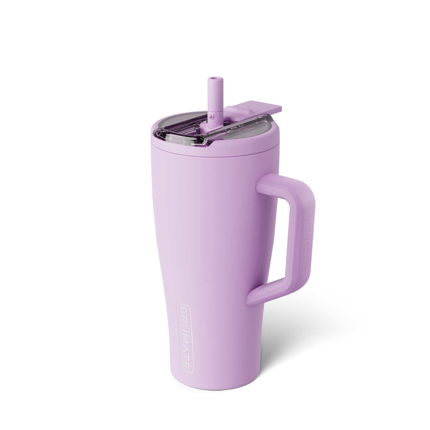 lavender hued tumbler with flip straw lid shown on a white background
