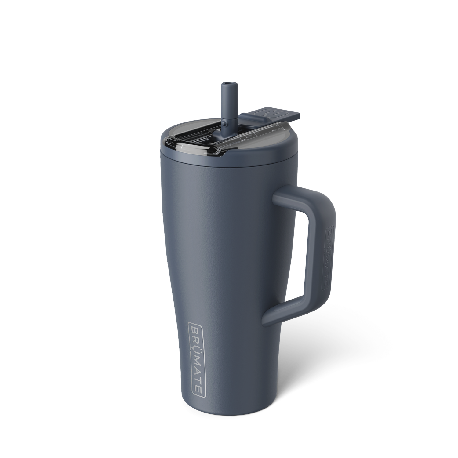 muted navy tumbler with flip straw lid shown on a white background
