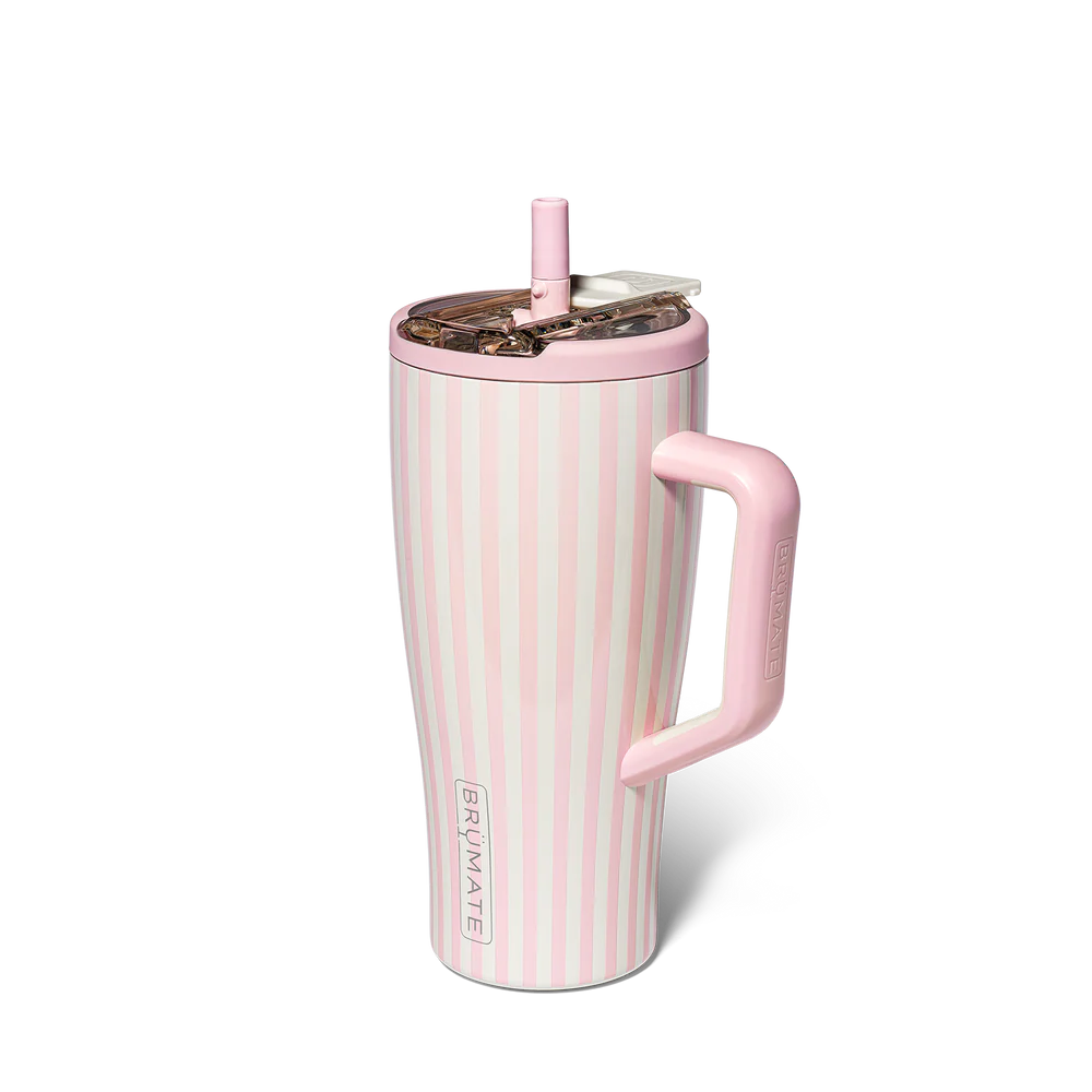 insolated tumbler with handle and straw with pale pink and off white stripes