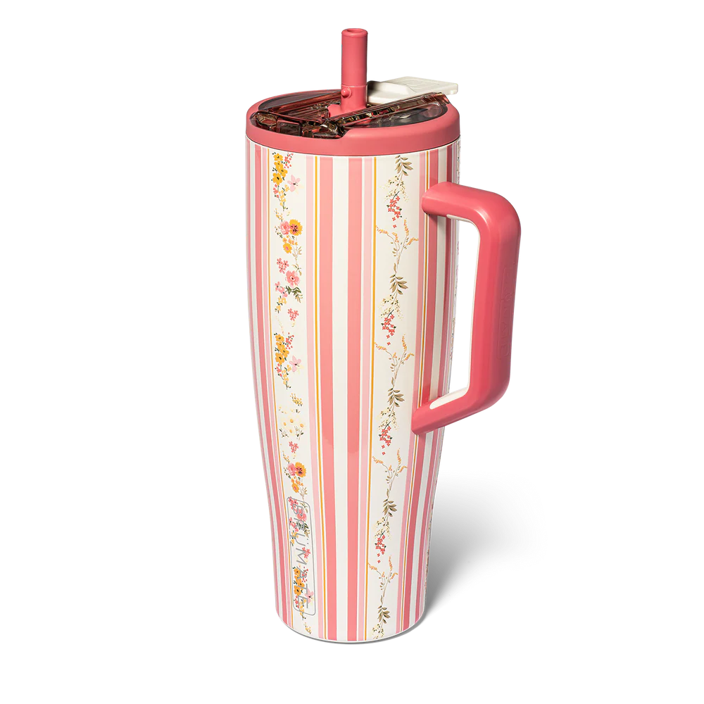 insolated tumbler with pink stripe and floral design