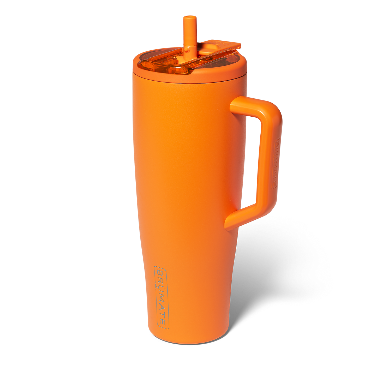 Orange travel tumbler  with handle and straw lid on a white background