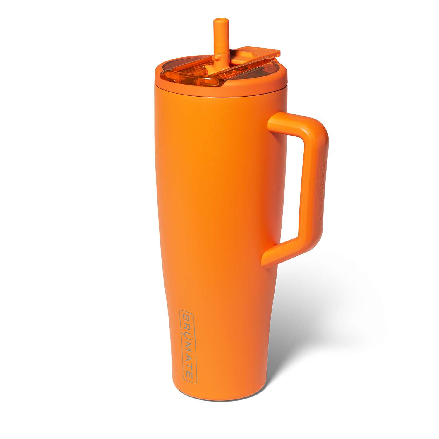 Orange travel tumbler  with handle and straw lid on a white background