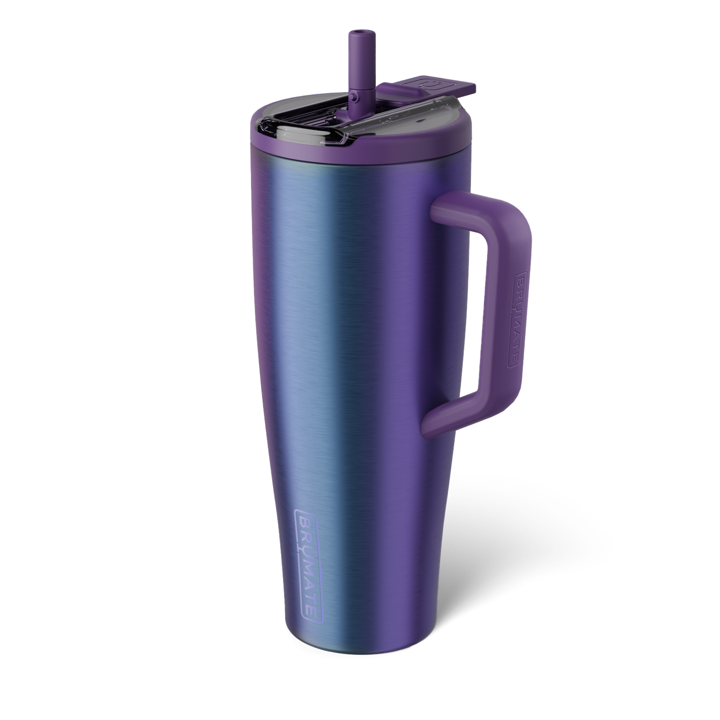 iridescent purple 40 ounce tumbler with flip straw lid shown on a white background
