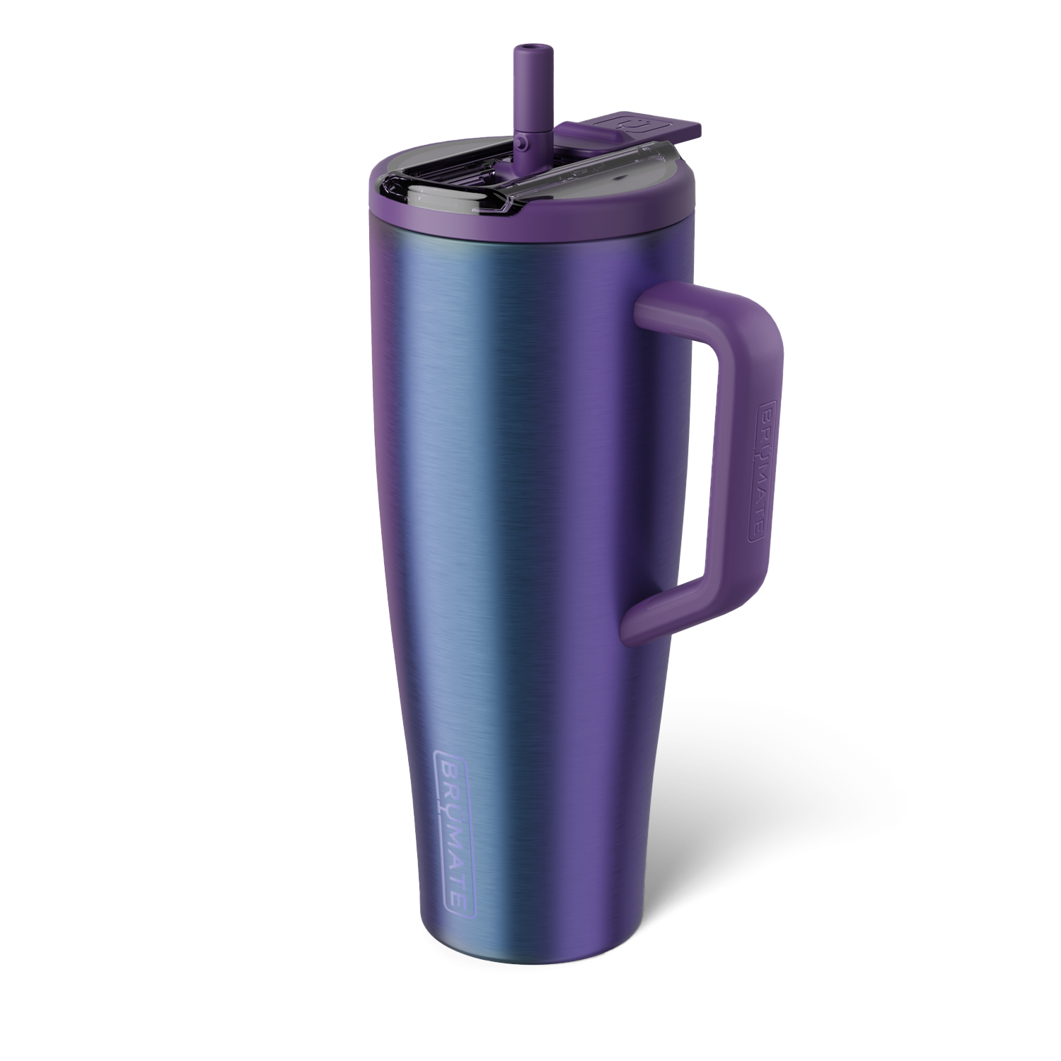 iridescent purple 40 ounce tumbler with flip straw lid shown on a white background
