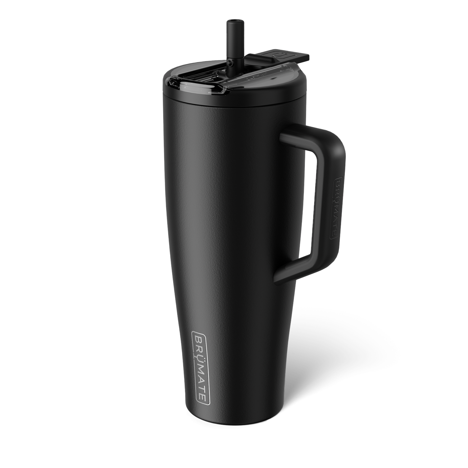 matte black 40 ounce tumbler with flip straw lid shown on a white background
