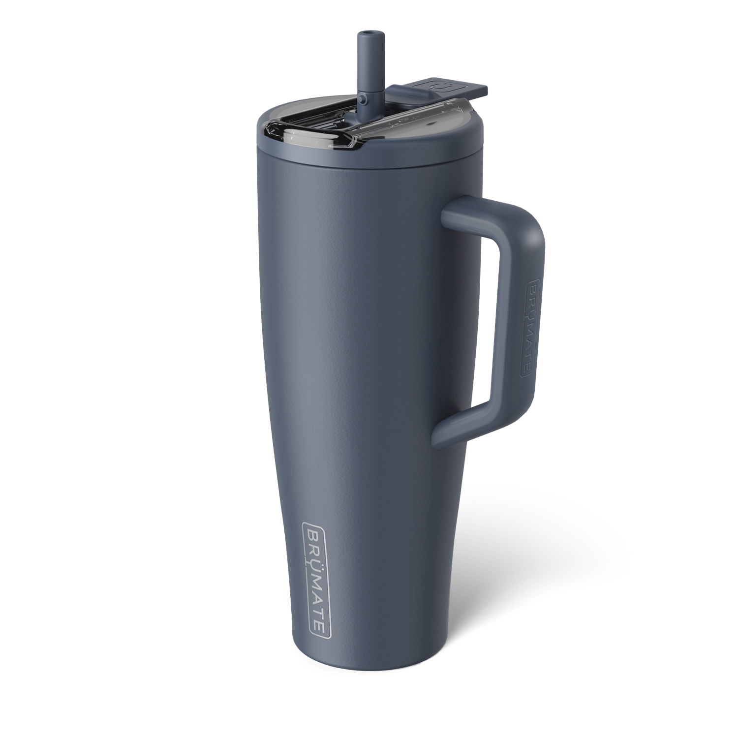 muted navy colored 40 ounce tumbler with flip straw lid shown on a white background
