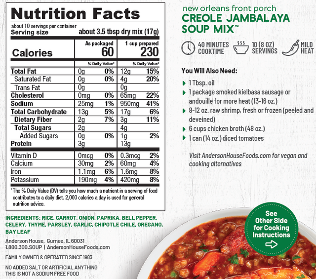 back lable of Creole Jambalaya Soup Mix listing nutrition facts.