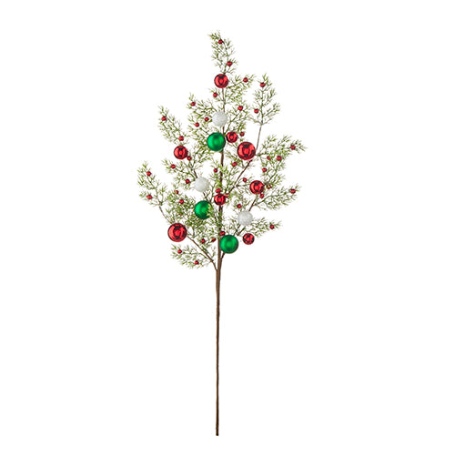 cedar and ball ornament spray displayed on a white background