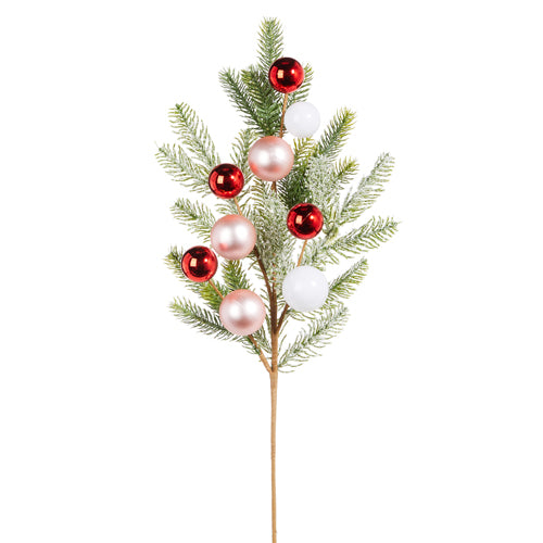 cedar with multicolor ball ornament spray displayed on a white background