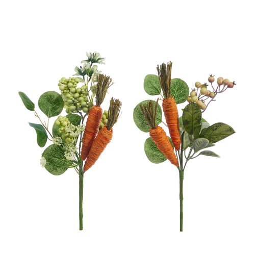 2 greenery and carrot bundles on a white background.