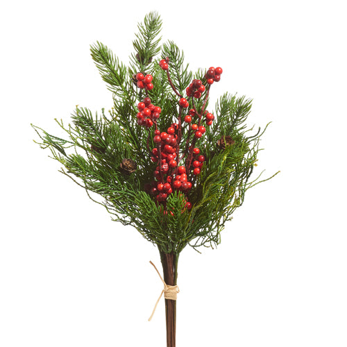 greenery and red berry bouquet on a white background.