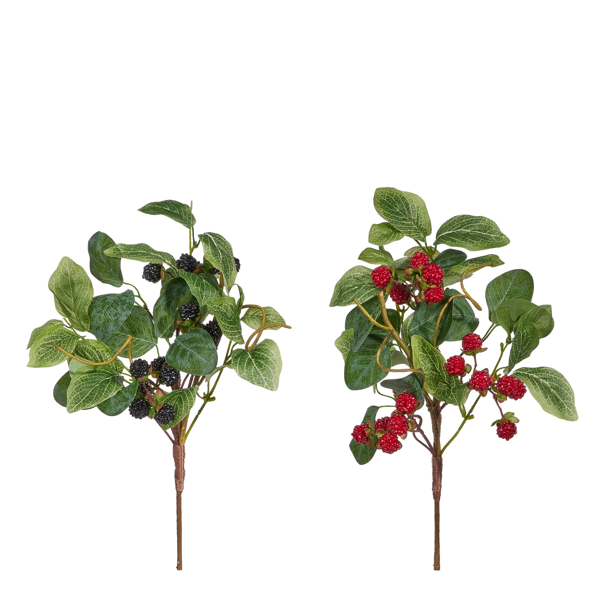 2 greenery decorative stems one with blackberries and the other with raspberries