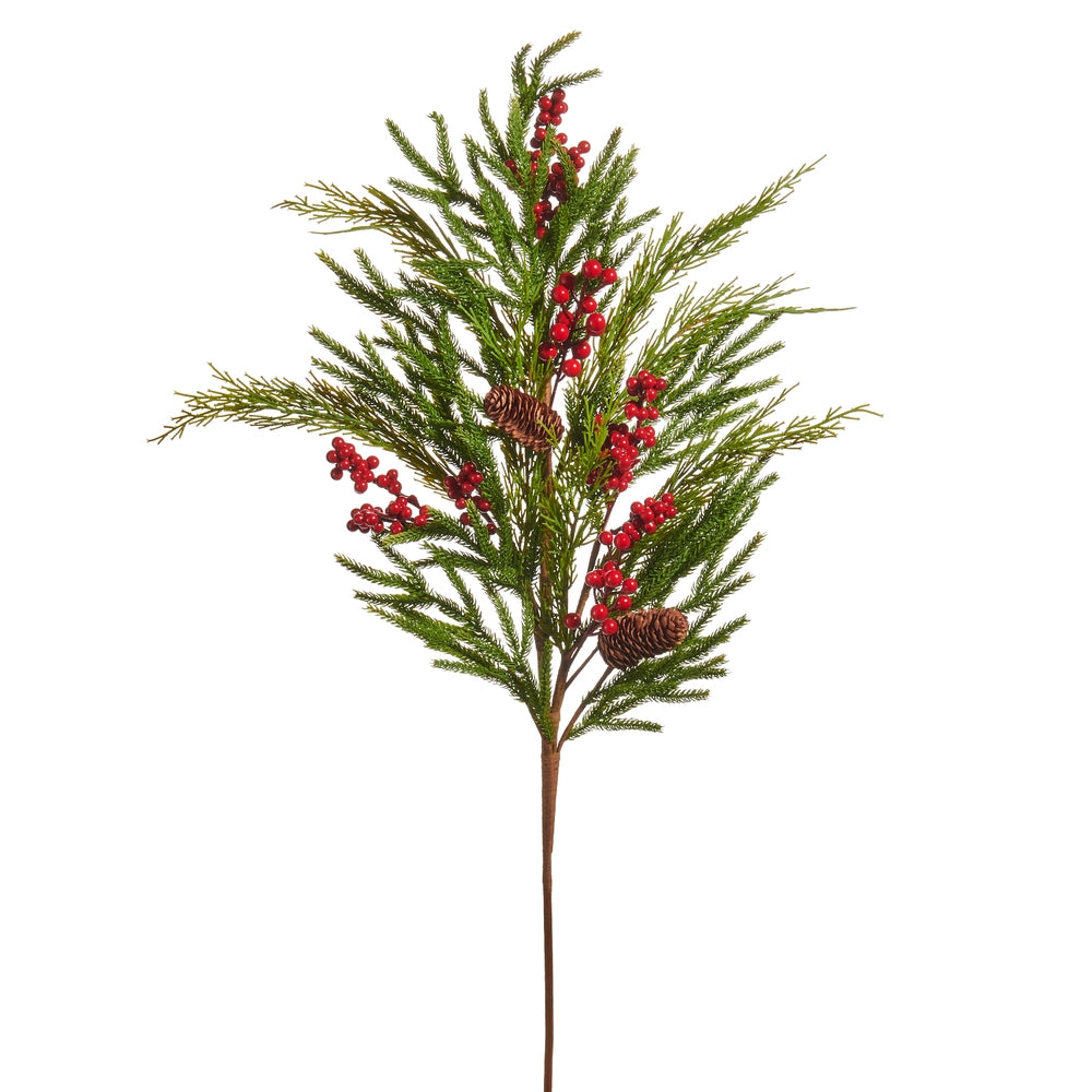 Artificial greenery stem with pine branches and red berries.