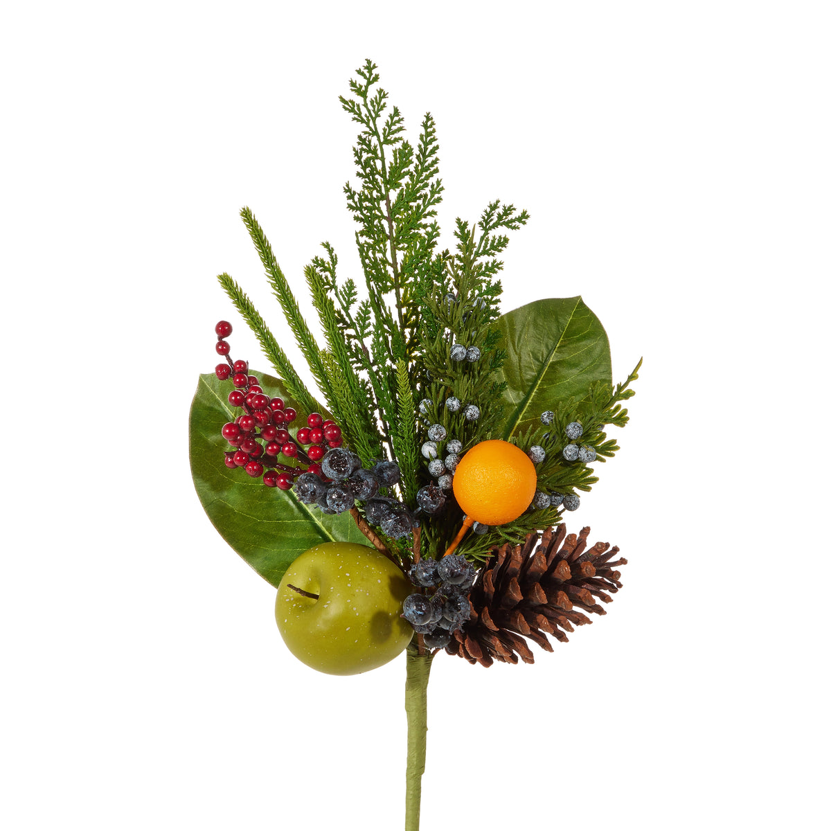 Decorative greener stem with green leaves, red berries, an orange, a green apple, and a pine cone on a white background.