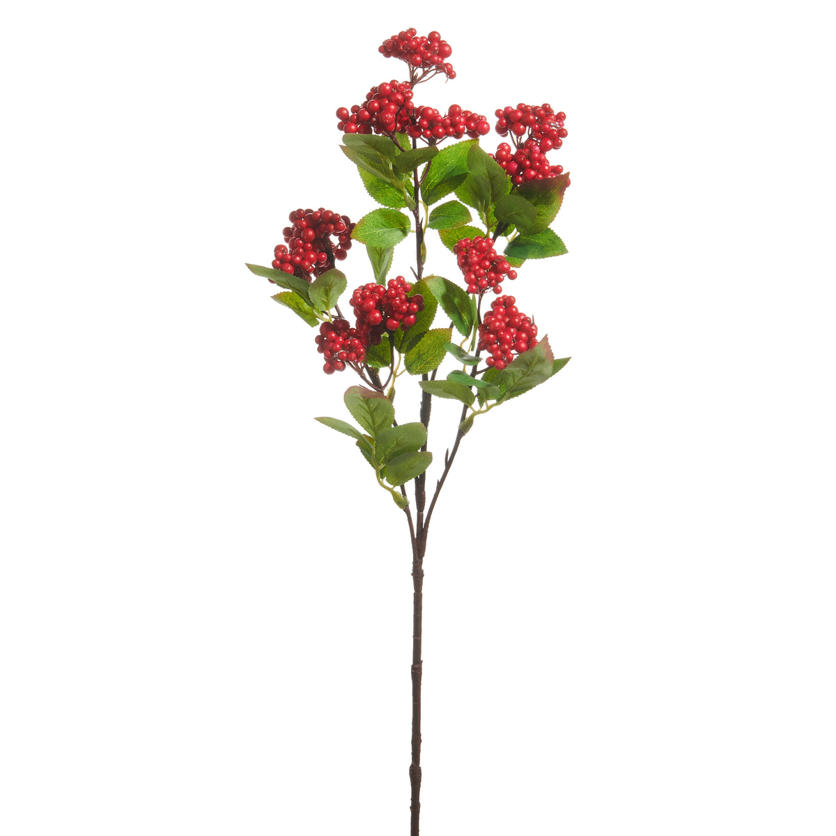 Artificial stem with red berries and green leaves on a white background
