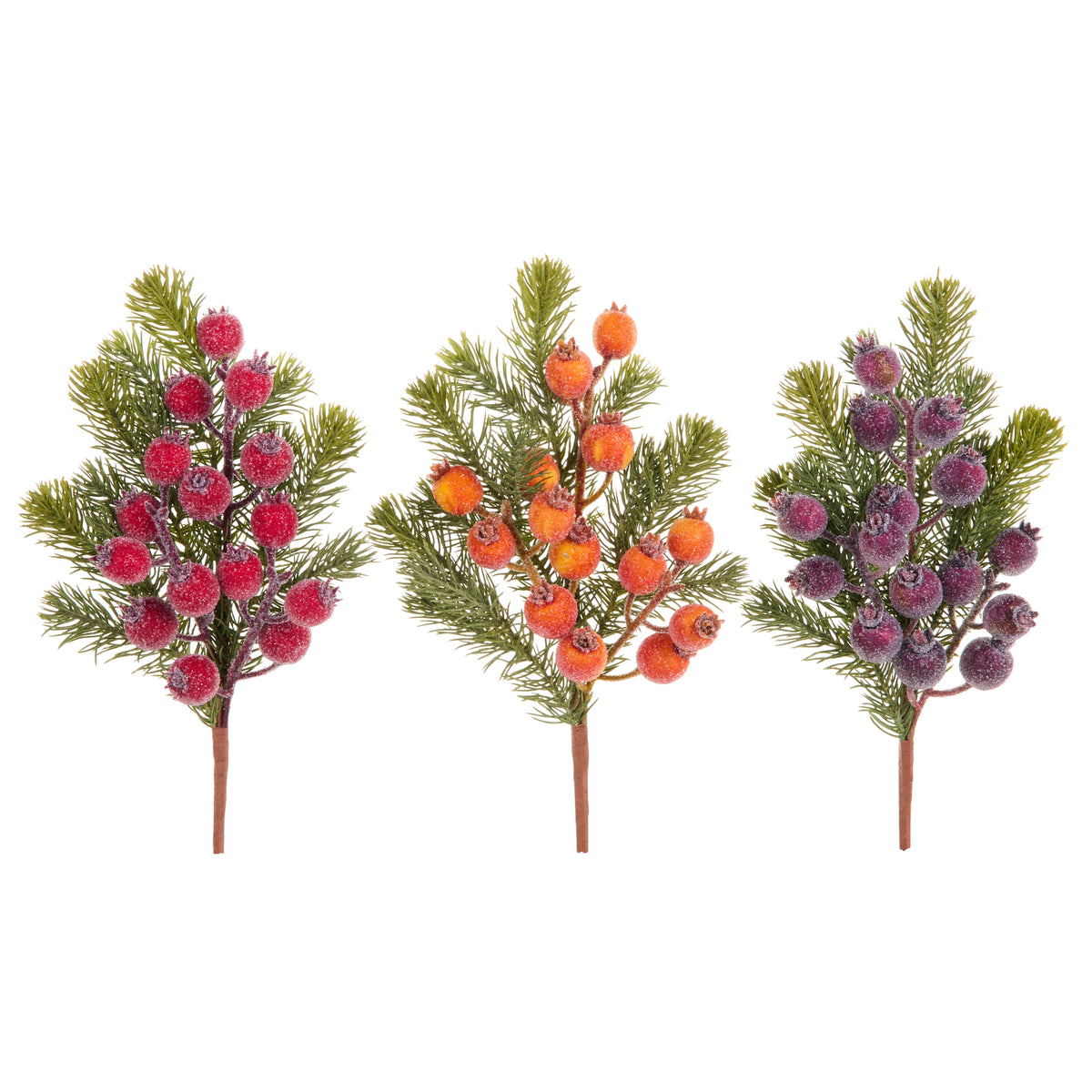 Iced Fruit and Greenery Spray with red berries, orange berries, and purple berries