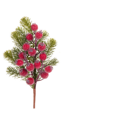artificial evergreen stem with sparkling red berries shown on a white background