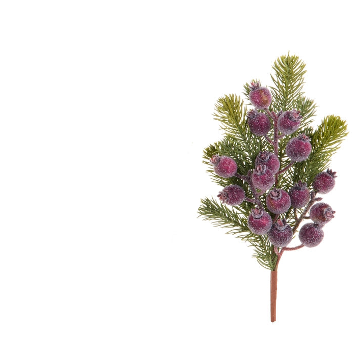 artificial evergreen stem with sparkling purple berries shown on a white background