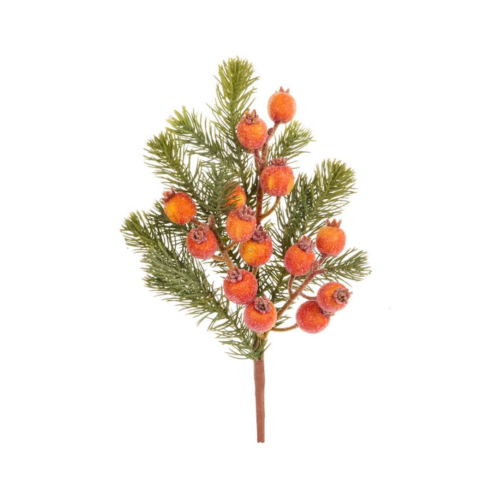 artificial evergreen stem with sparkling orange berries shown on a white background