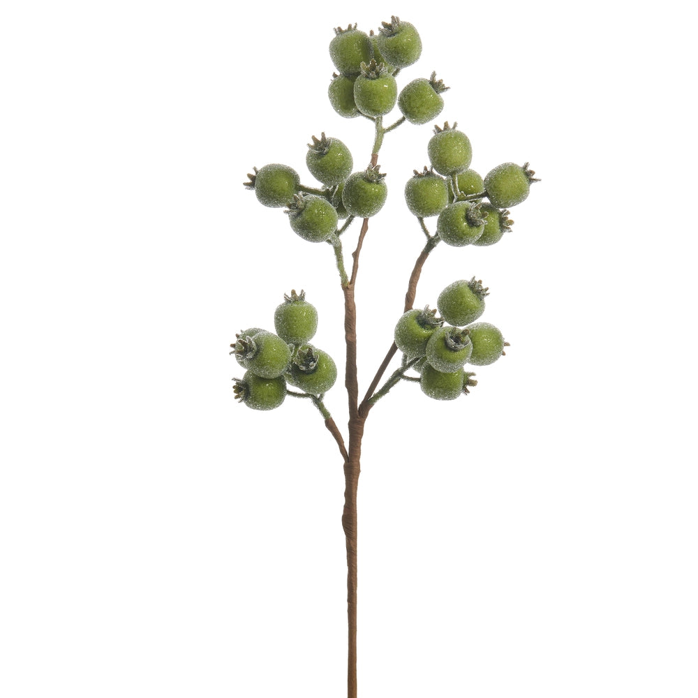 artificial stem with frosted green berries shown on a white background