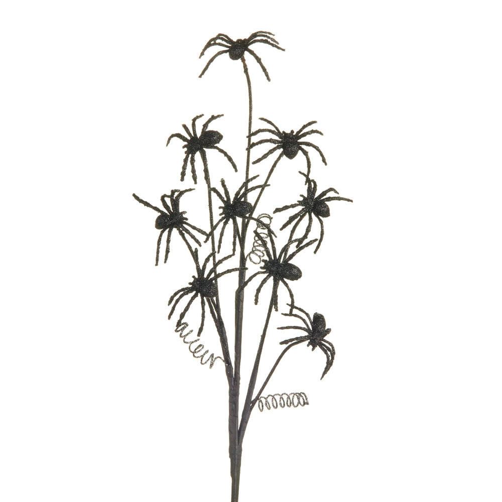 wired black stem with artificial glittered spiders on it