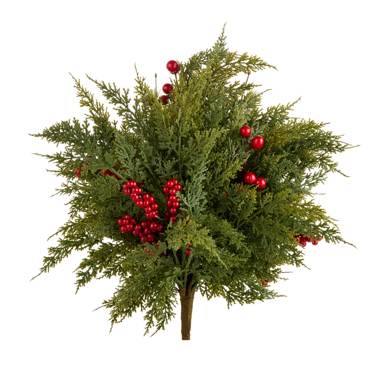 Artificial Christmas greenery with red berries on a white background