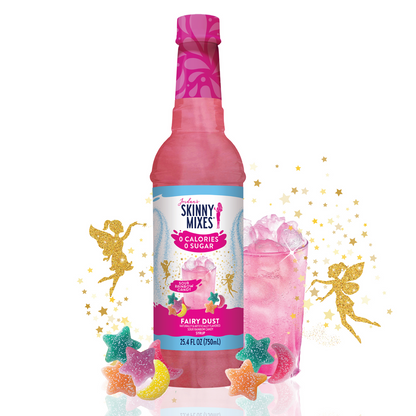 bottle of Sour Fairy Dust Sugar Free Syrup with glittery fairy, stars, and candies around it