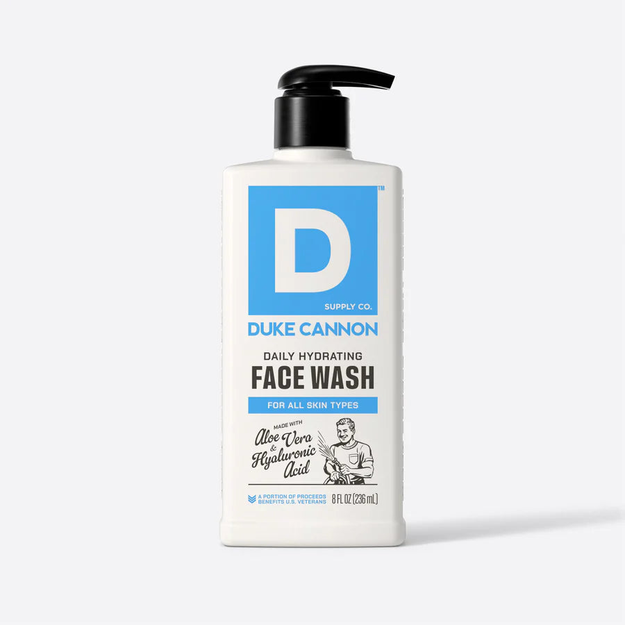 Duke Cannon face wash bottle on a white background