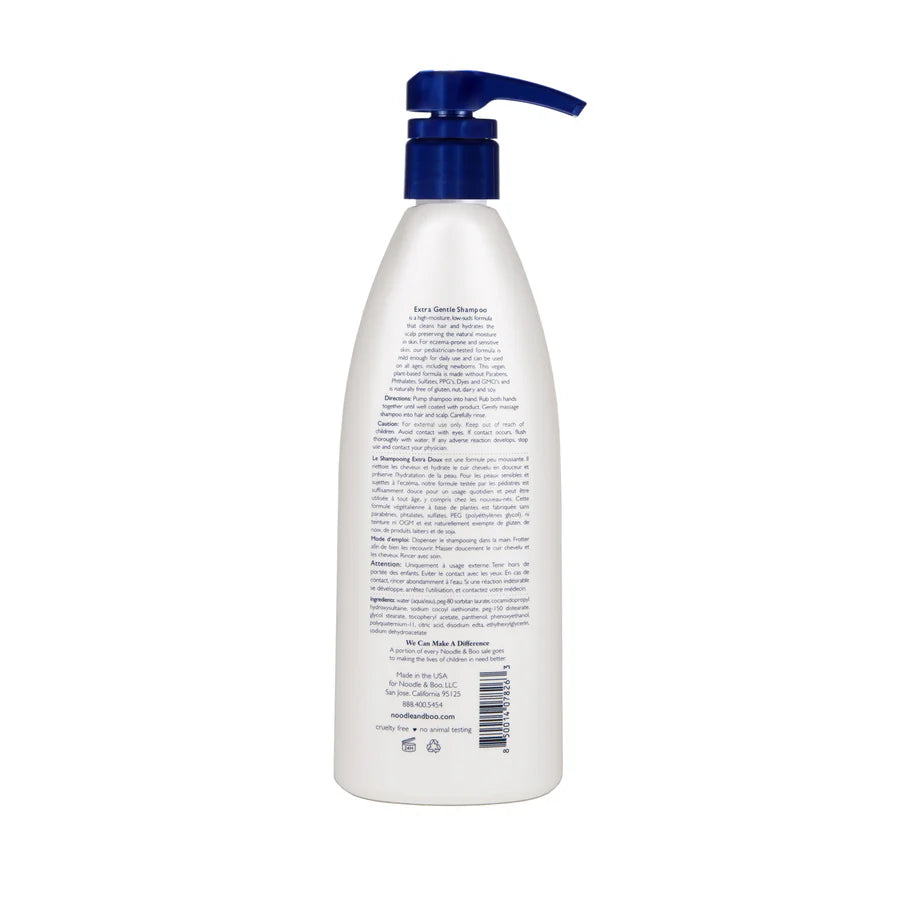 back view of Noodle & Boo extra gentle shampoo bottle on a white background